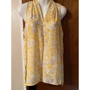 Floral & Ivy Womens Sleeveless V Neck Blouse‎ Top S Yellow Gray Print Casual